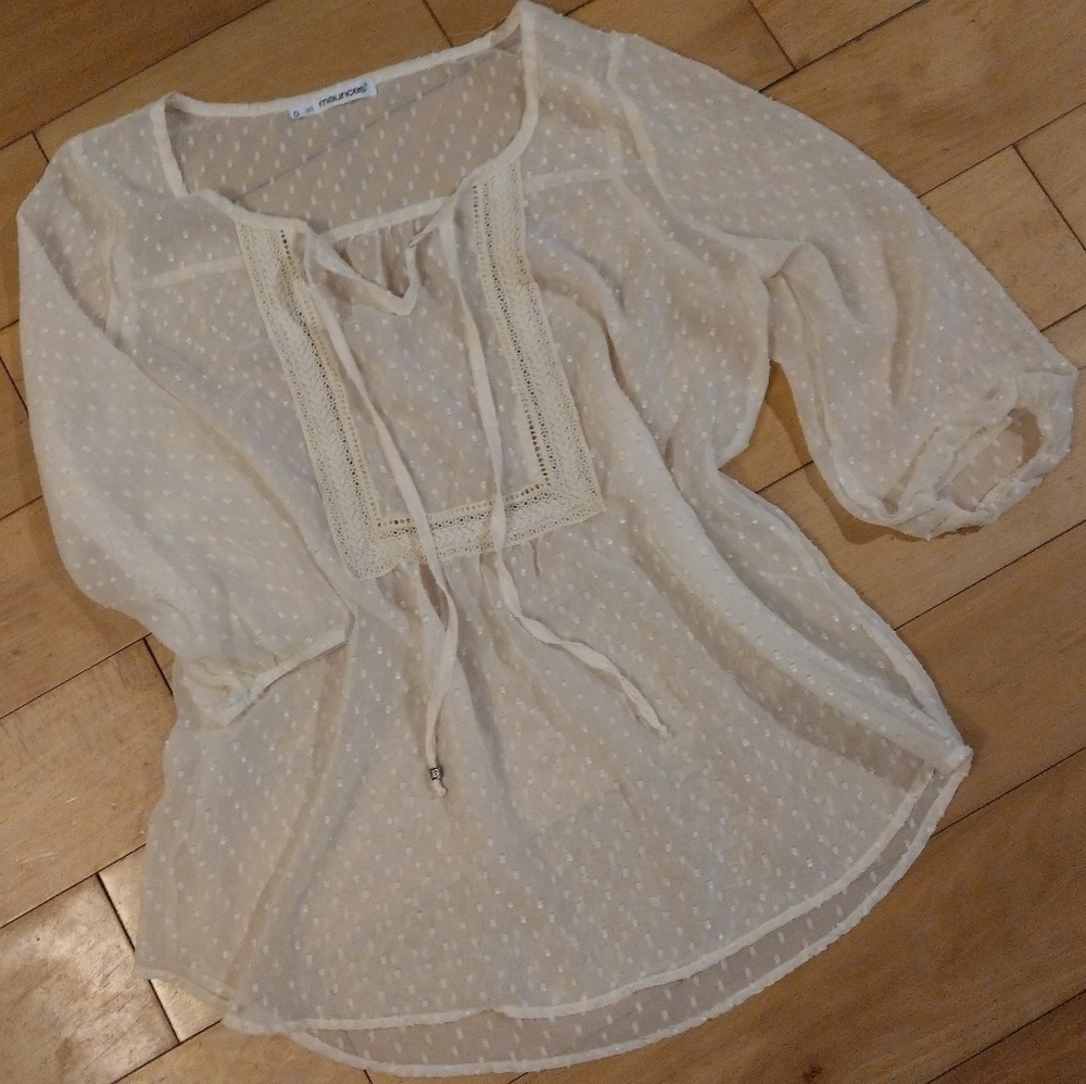 Maurices sheer cream dotted tie front top